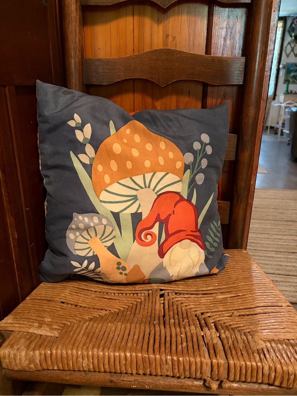 Decorative Gnome & Mushroom Throw Pillow - Navy Blue